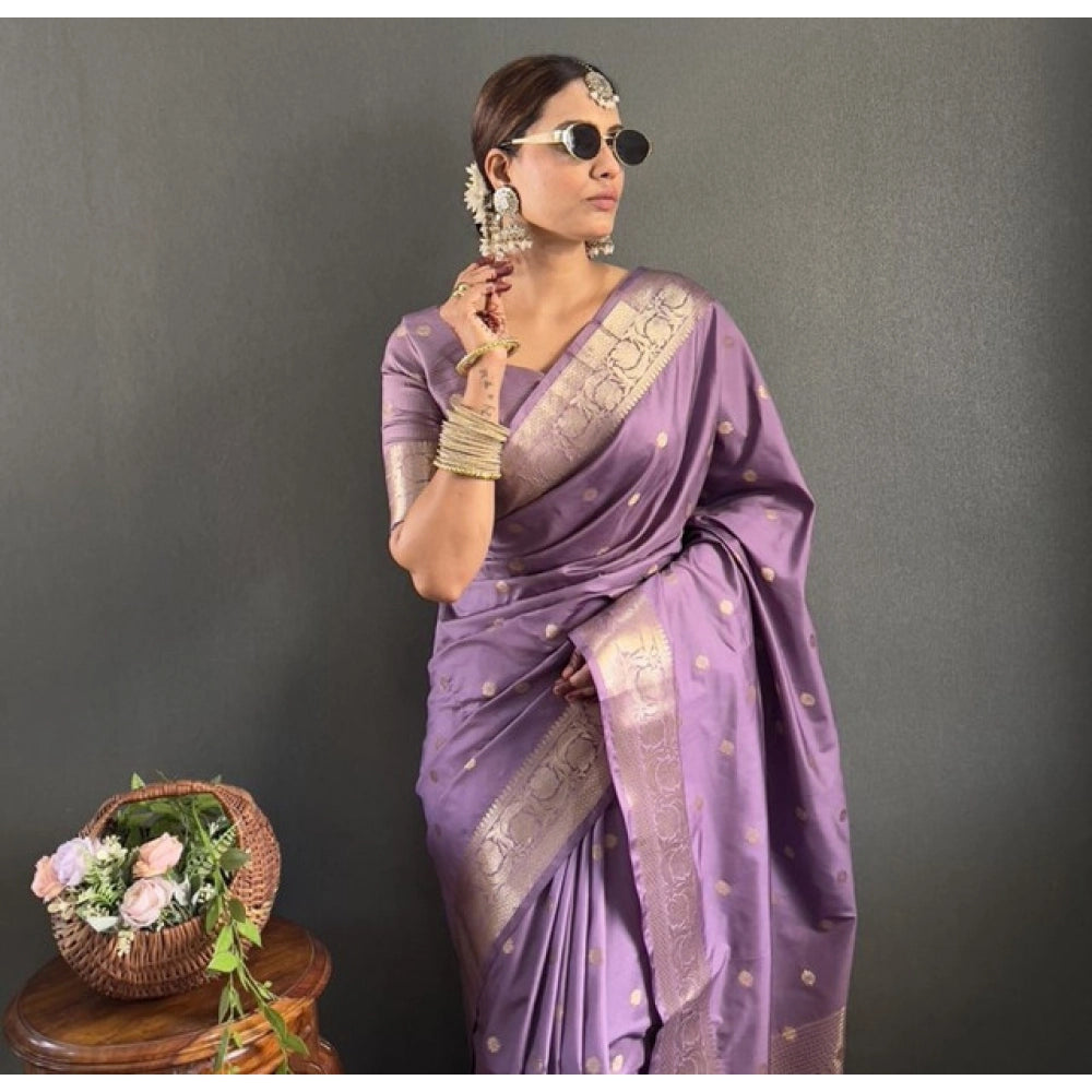 Seduva Women's Satin Printed Saree With Unstitched Blouse 5.5Mtr (Purple)