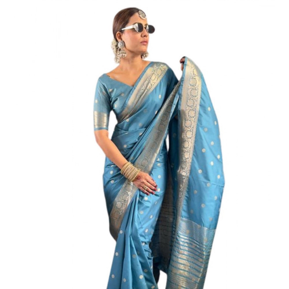 Seduva Women's Satin Printed Saree With Unstitched Blouse 5.5Mtr (light Blue)