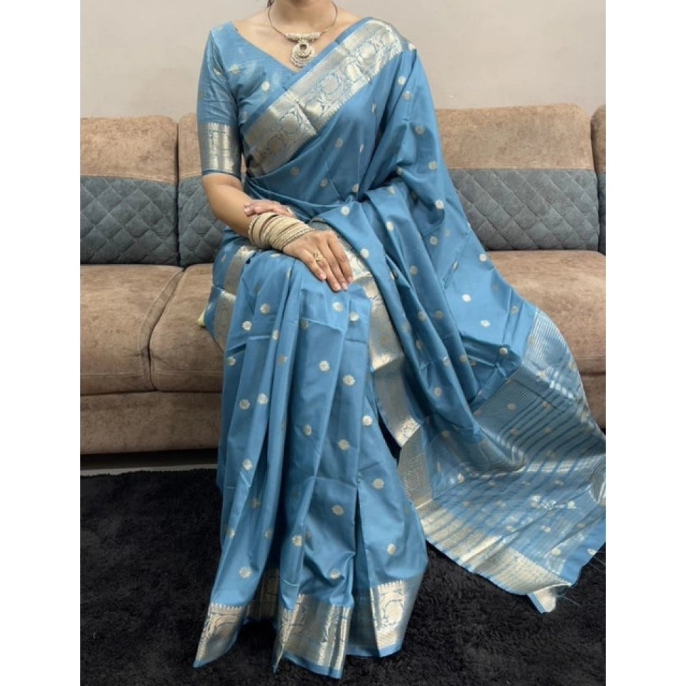 Seduva Women's Satin Printed Saree With Unstitched Blouse 5.5Mtr (light Blue)