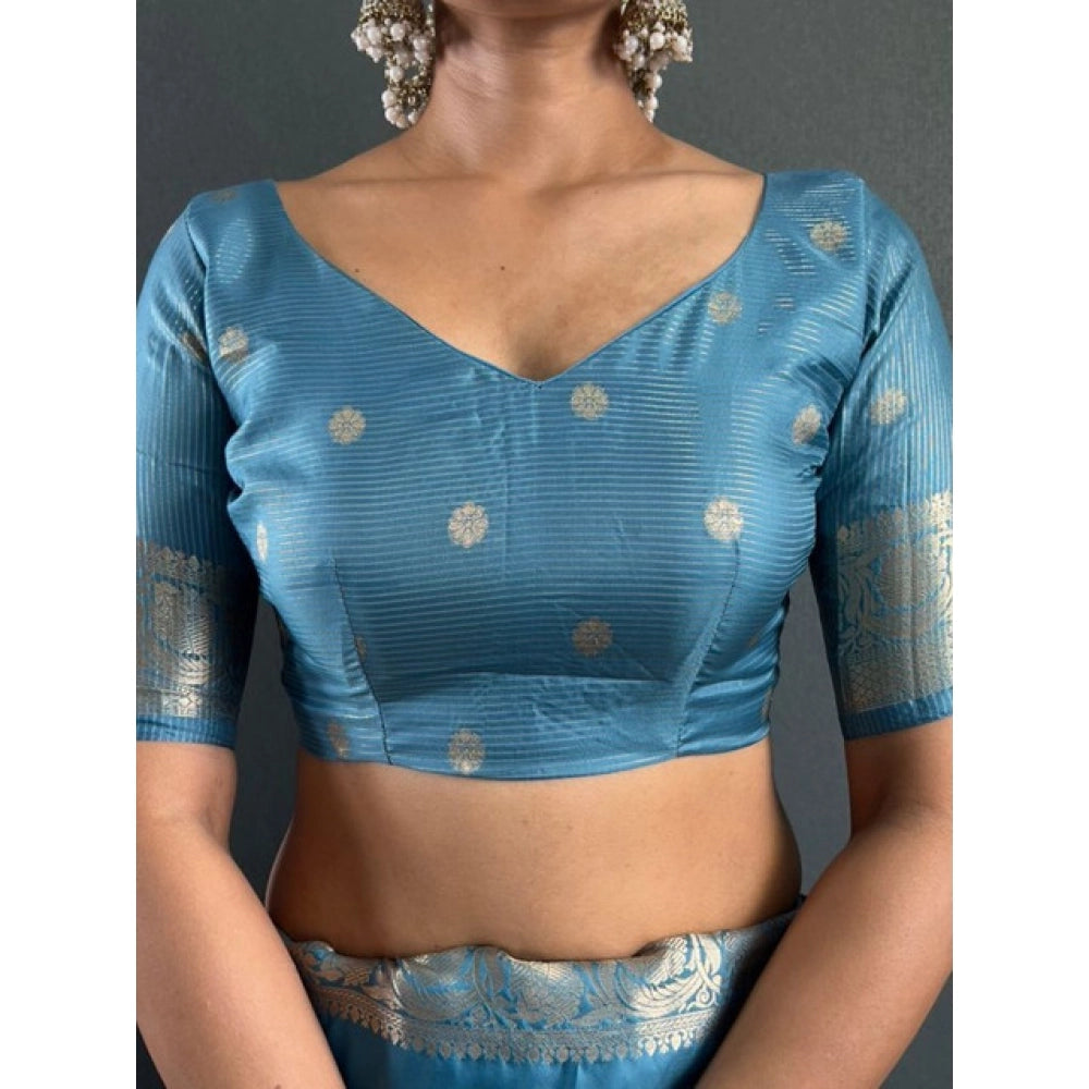 Seduva Women's Satin Printed Saree With Unstitched Blouse 5.5Mtr (light Blue)
