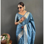 Seduva Women's Satin Printed Saree With Unstitched Blouse 5.5Mtr (light Blue)