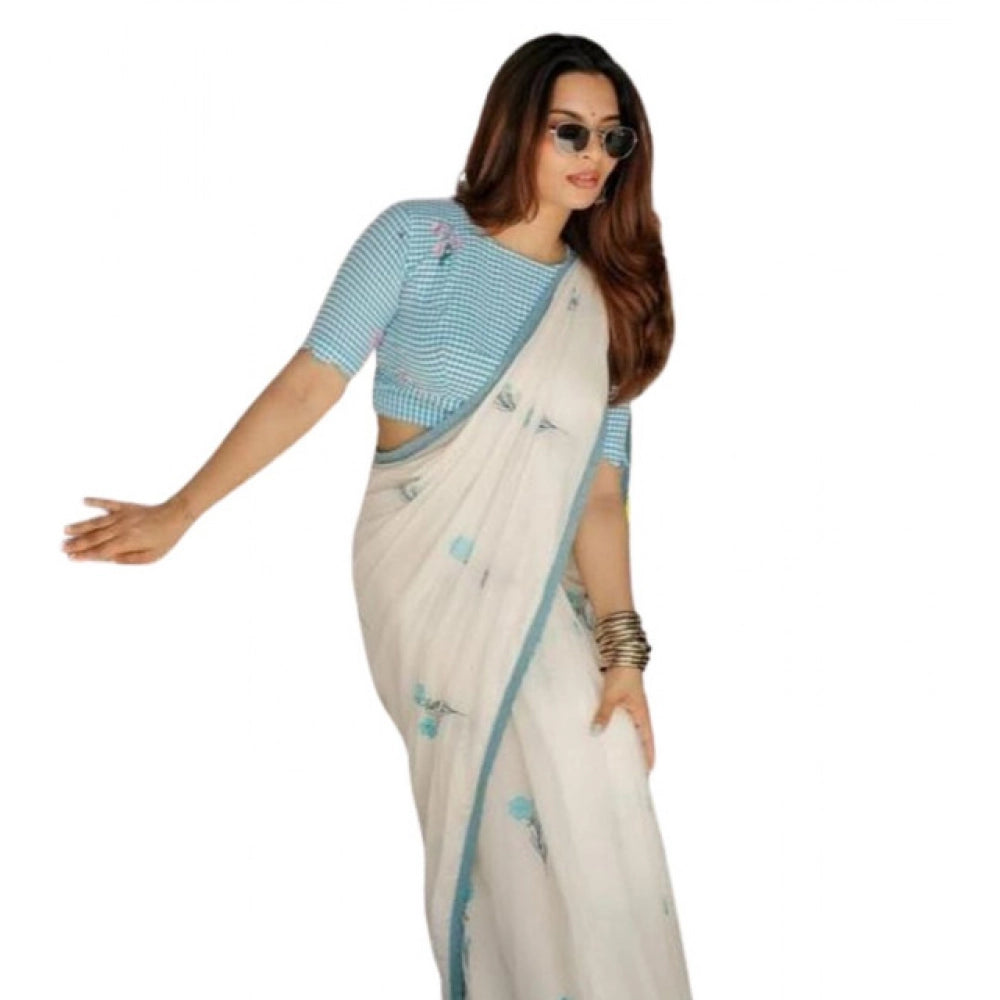 Seduva Women's Linen Printed Saree With Unstitched Blouse 5.5Mtr (White)