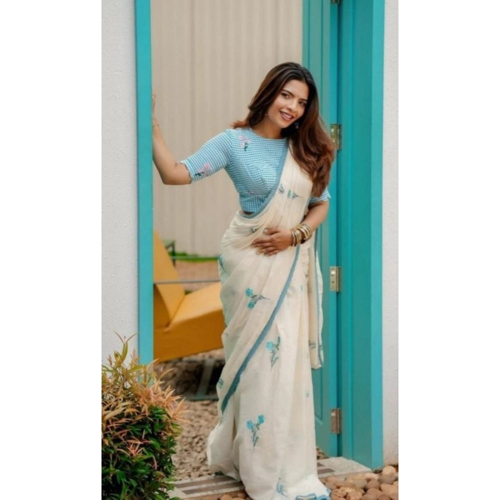 Seduva Women's Linen Printed Saree With Unstitched Blouse 5.5Mtr (White)