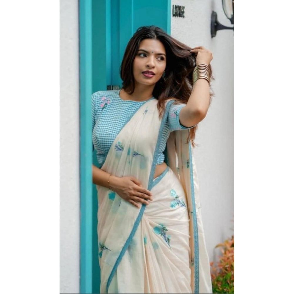 Seduva Women's Linen Printed Saree With Unstitched Blouse 5.5Mtr (White)