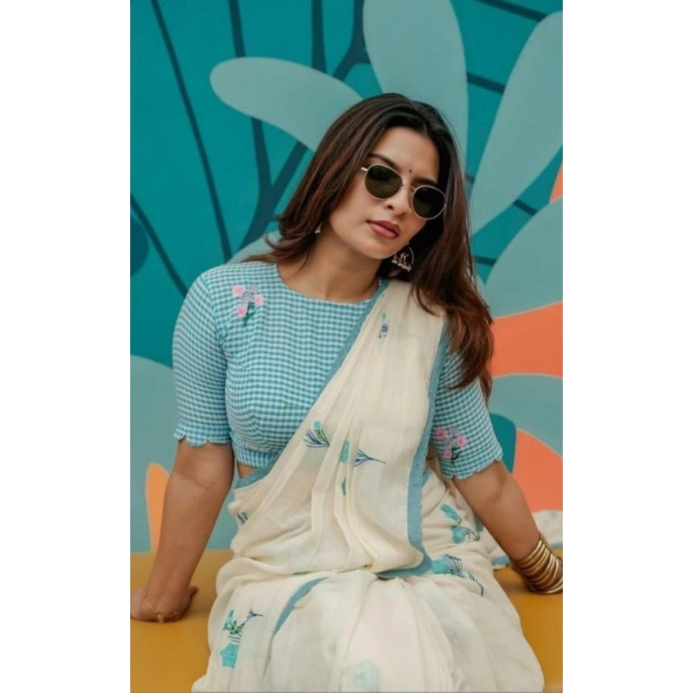 Seduva Women's Linen Printed Saree With Unstitched Blouse 5.5Mtr (White)