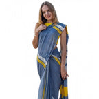 Seduva Women's Linen Printed Saree With Unstitched Blouse 5.5Mtr (Blue)