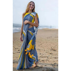 Seduva Women's Linen Printed Saree With Unstitched Blouse 5.5Mtr (Blue)