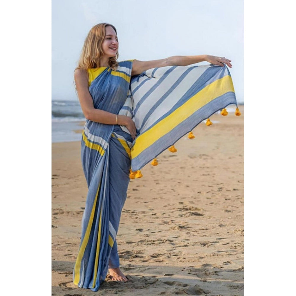 Seduva Women's Linen Printed Saree With Unstitched Blouse 5.5Mtr (Blue)