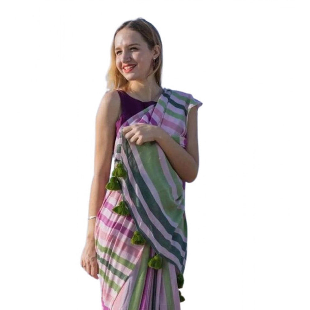 Seduva Women's Linen Printed Saree With Unstitched Blouse 5.5Mtr (Pink)