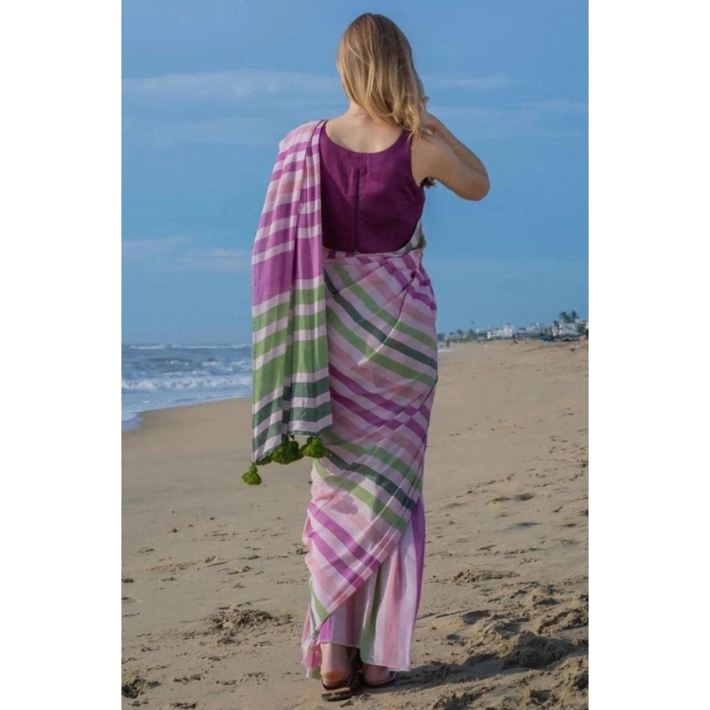 Seduva Women's Linen Printed Saree With Unstitched Blouse 5.5Mtr (Pink)
