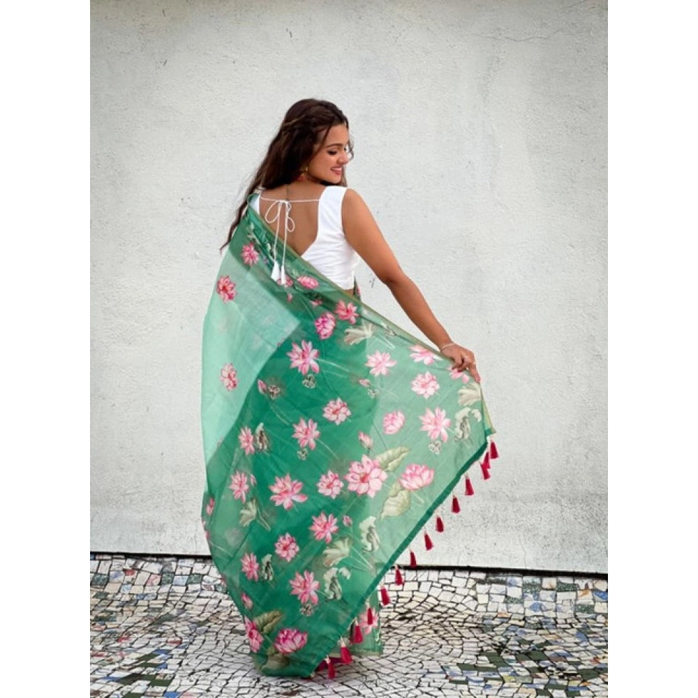 Seduva Women's Linen Printed Saree With Unstitched Blouse 5.5Mtr (Green)