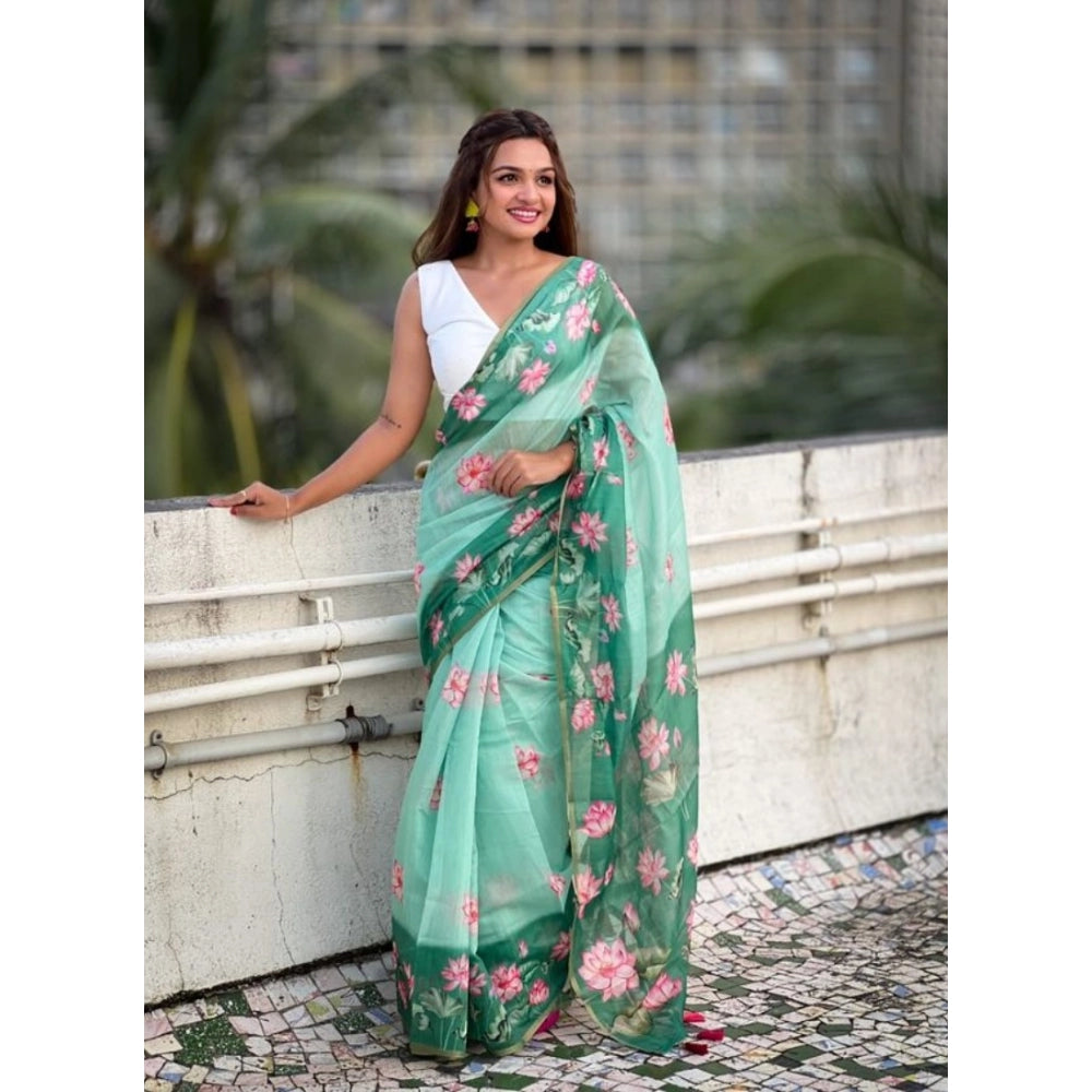 Seduva Women's Linen Printed Saree With Unstitched Blouse 5.5Mtr (Green)