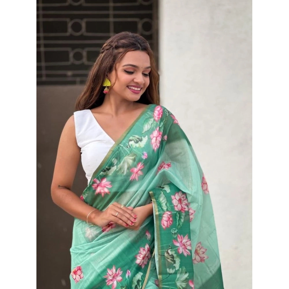 Seduva Women's Linen Printed Saree With Unstitched Blouse 5.5Mtr (Green)