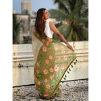 Seduva Women's Linen Printed Saree With Unstitched Blouse 5.5Mtr (Mahendi)