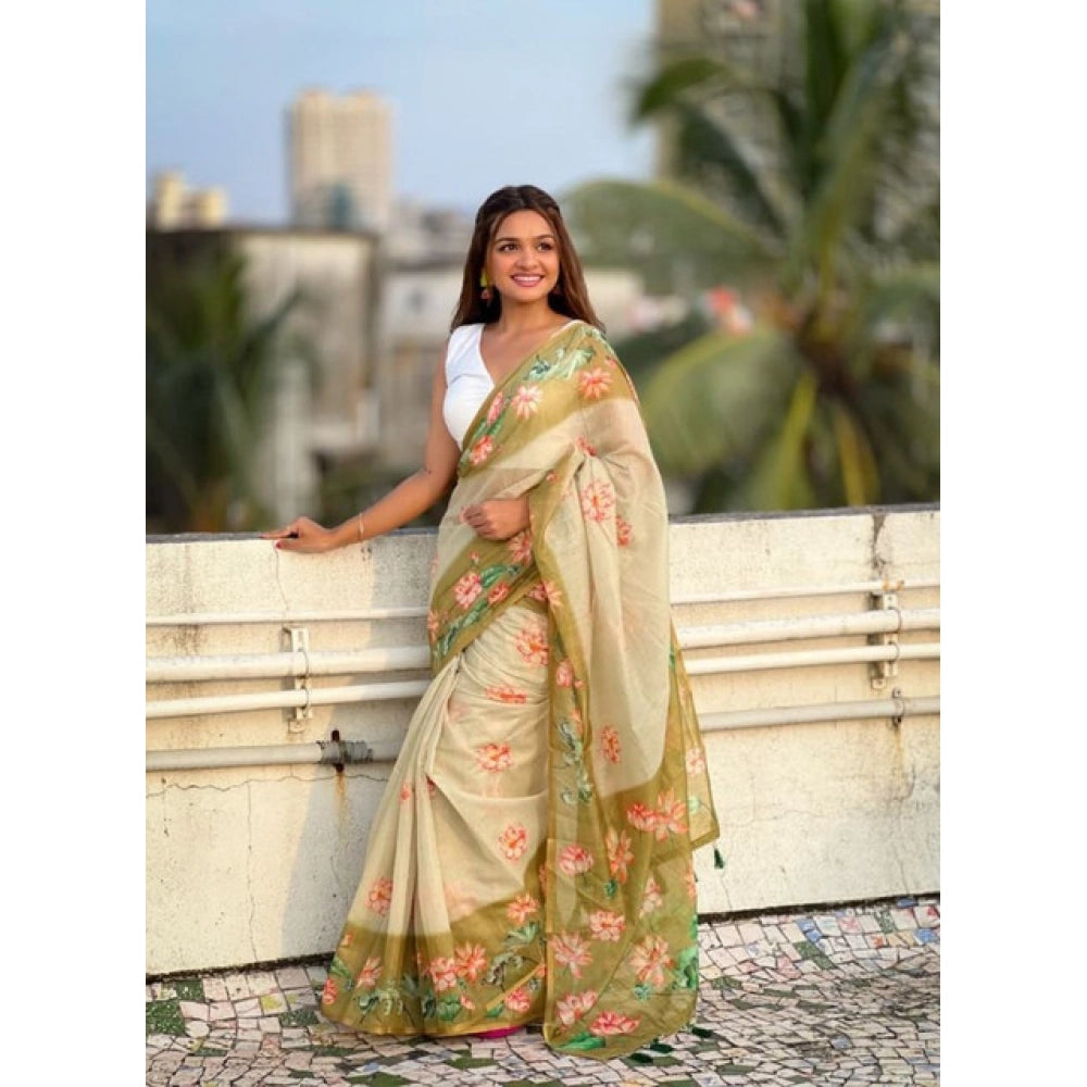 Seduva Women's Linen Printed Saree With Unstitched Blouse 5.5Mtr (Mahendi)