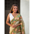 Seduva Women's Linen Printed Saree With Unstitched Blouse 5.5Mtr (Mahendi)