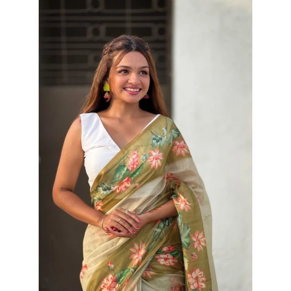 Seduva Women's Linen Printed Saree With Unstitched Blouse 5.5Mtr (Mahendi)