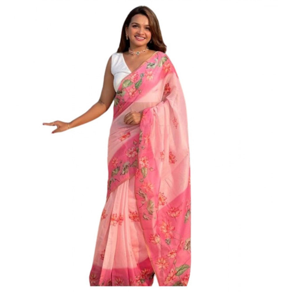 Seduva Women's Linen Printed Saree With Unstitched Blouse 5.5Mtr (Pink)