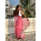 Seduva Women's Linen Printed Saree With Unstitched Blouse 5.5Mtr (Pink)