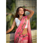 Seduva Women's Linen Printed Saree With Unstitched Blouse 5.5Mtr (Pink)