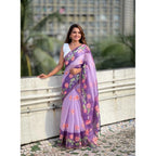 Seduva Women's Linen Printed Saree With Unstitched Blouse 5.5Mtr (Purple)
