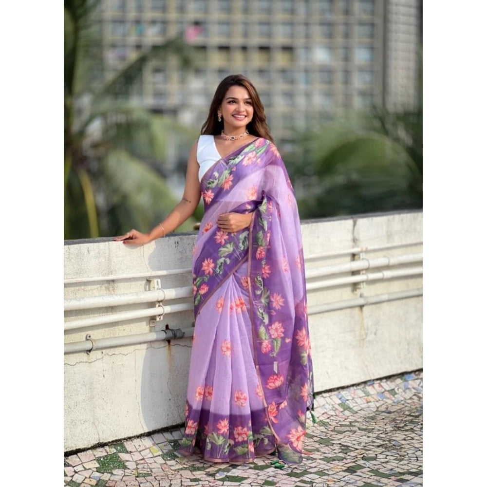 Seduva Women's Linen Printed Saree With Unstitched Blouse 5.5Mtr (Purple)