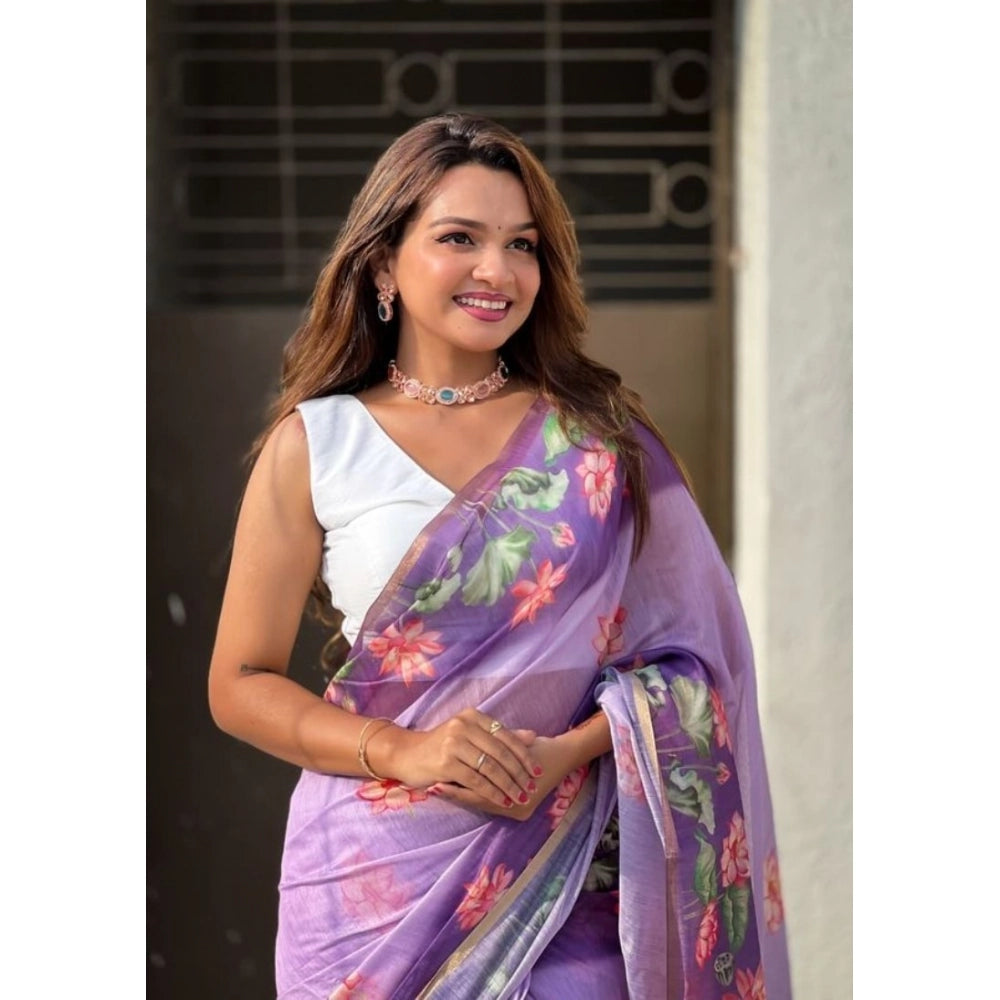 Seduva Women's Linen Printed Saree With Unstitched Blouse 5.5Mtr (Purple)