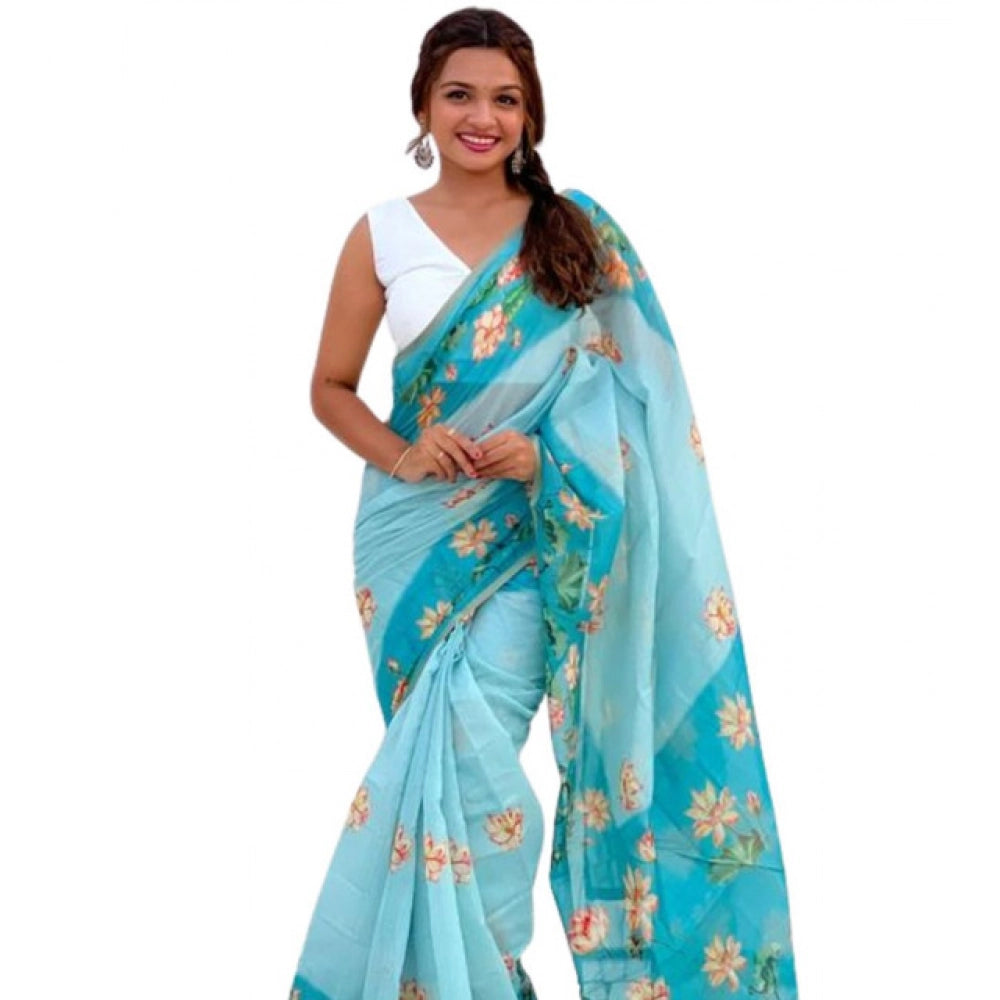 Seduva Women's Linen Printed Saree With Unstitched Blouse 5.5Mtr (Aqua)