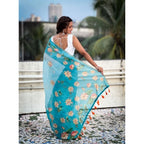 Seduva Women's Linen Printed Saree With Unstitched Blouse 5.5Mtr (Aqua)