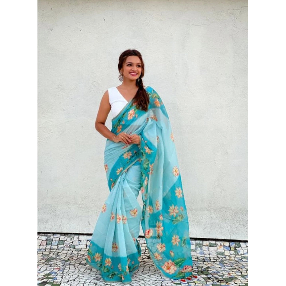 Seduva Women's Linen Printed Saree With Unstitched Blouse 5.5Mtr (Aqua)