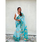 Seduva Women's Linen Printed Saree With Unstitched Blouse 5.5Mtr (Aqua)