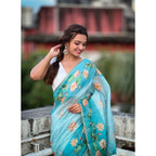 Seduva Women's Linen Printed Saree With Unstitched Blouse 5.5Mtr (Aqua)