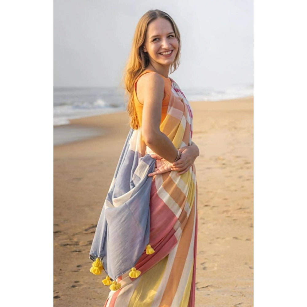 Seduva Women's Linen Printed Saree With Unstitched Blouse 5.5Mtr (Yellow)