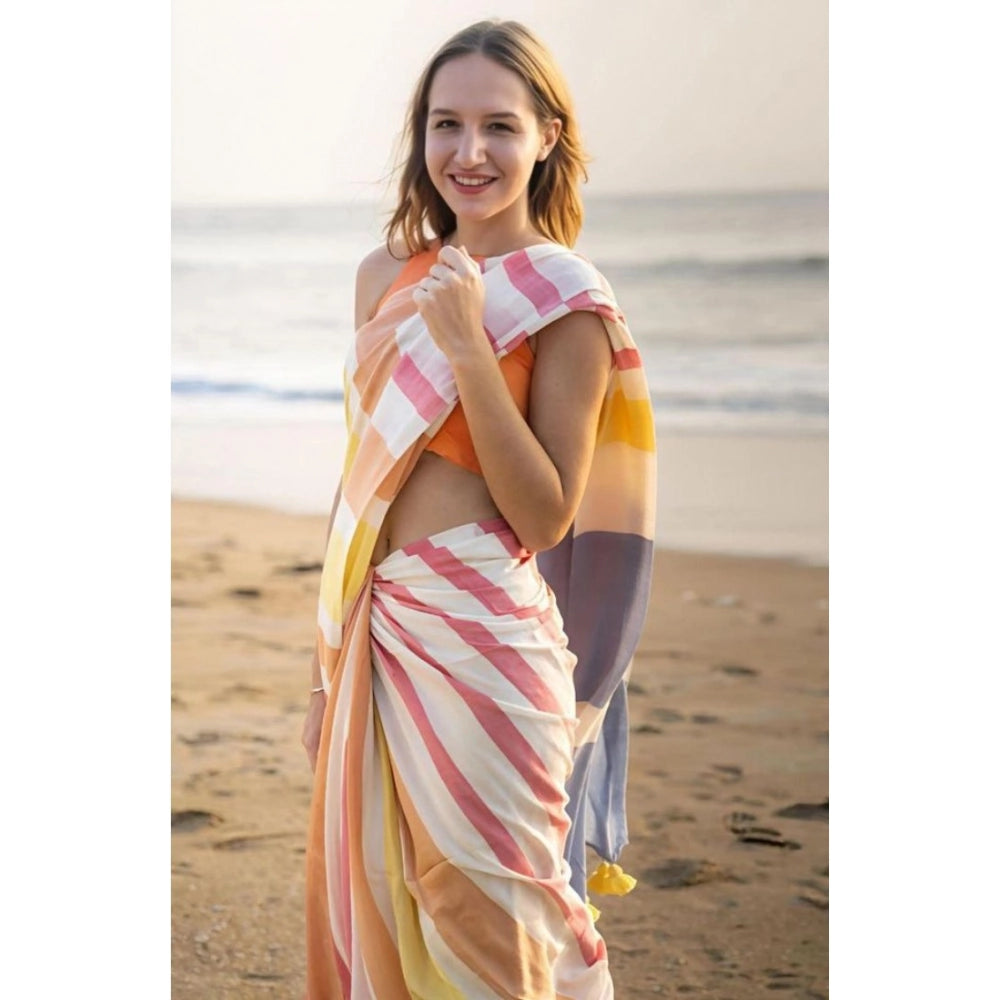Seduva Women's Linen Printed Saree With Unstitched Blouse 5.5Mtr (Yellow)