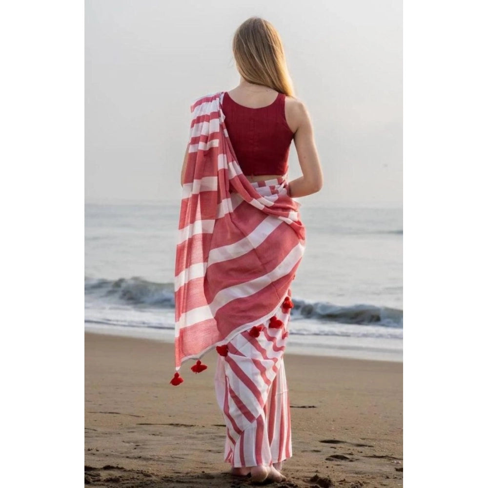 Seduva Women's Linen Printed Saree With Unstitched Blouse 5.5Mtr (Red)