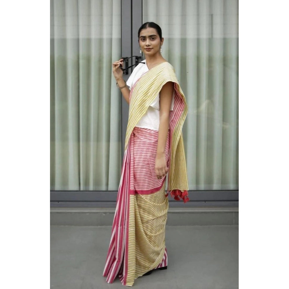 Seduva Women's Linen Printed Saree With Unstitched Blouse 5.5Mtr (Yellow)
