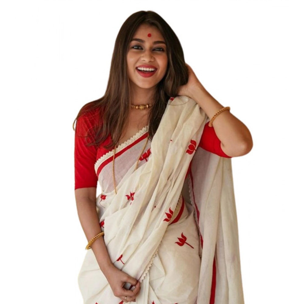 Seduva Women's Linen Printed Saree With Unstitched Blouse 5.5Mtr (White)