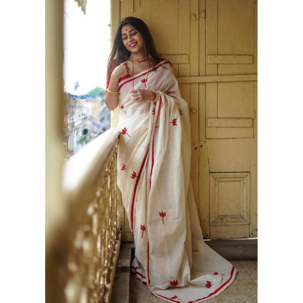Seduva Women's Linen Printed Saree With Unstitched Blouse 5.5Mtr (White)