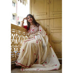 Seduva Women's Linen Printed Saree With Unstitched Blouse 5.5Mtr (White)