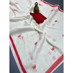 Seduva Women's Linen Printed Saree With Unstitched Blouse 5.5Mtr (White)