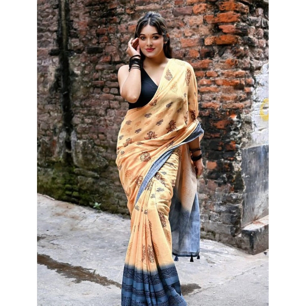Seduva Women's Linen Printed Saree With Unstitched Blouse 5.5Mtr (Peach)