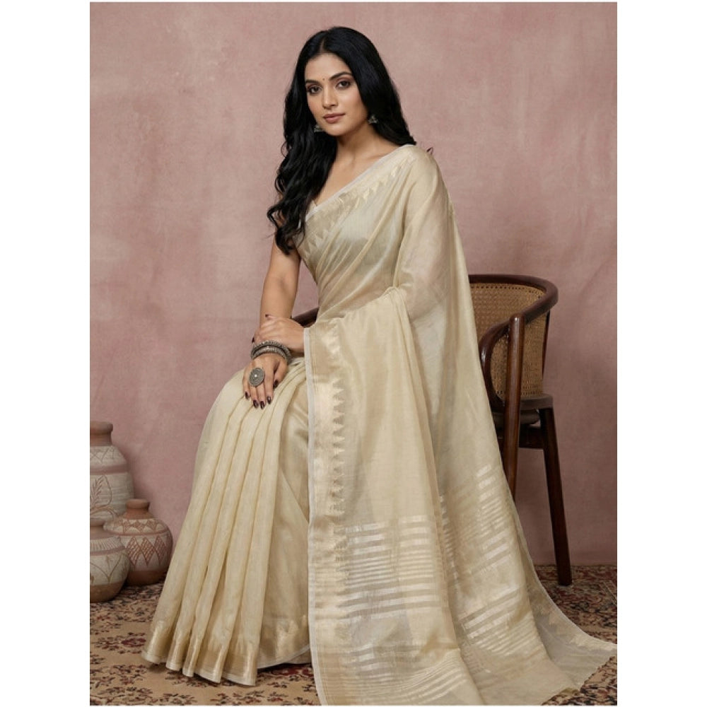 Seduva Women's Cotton Printed Saree With Unstitched Blouse 5.5Mtr (Cream)