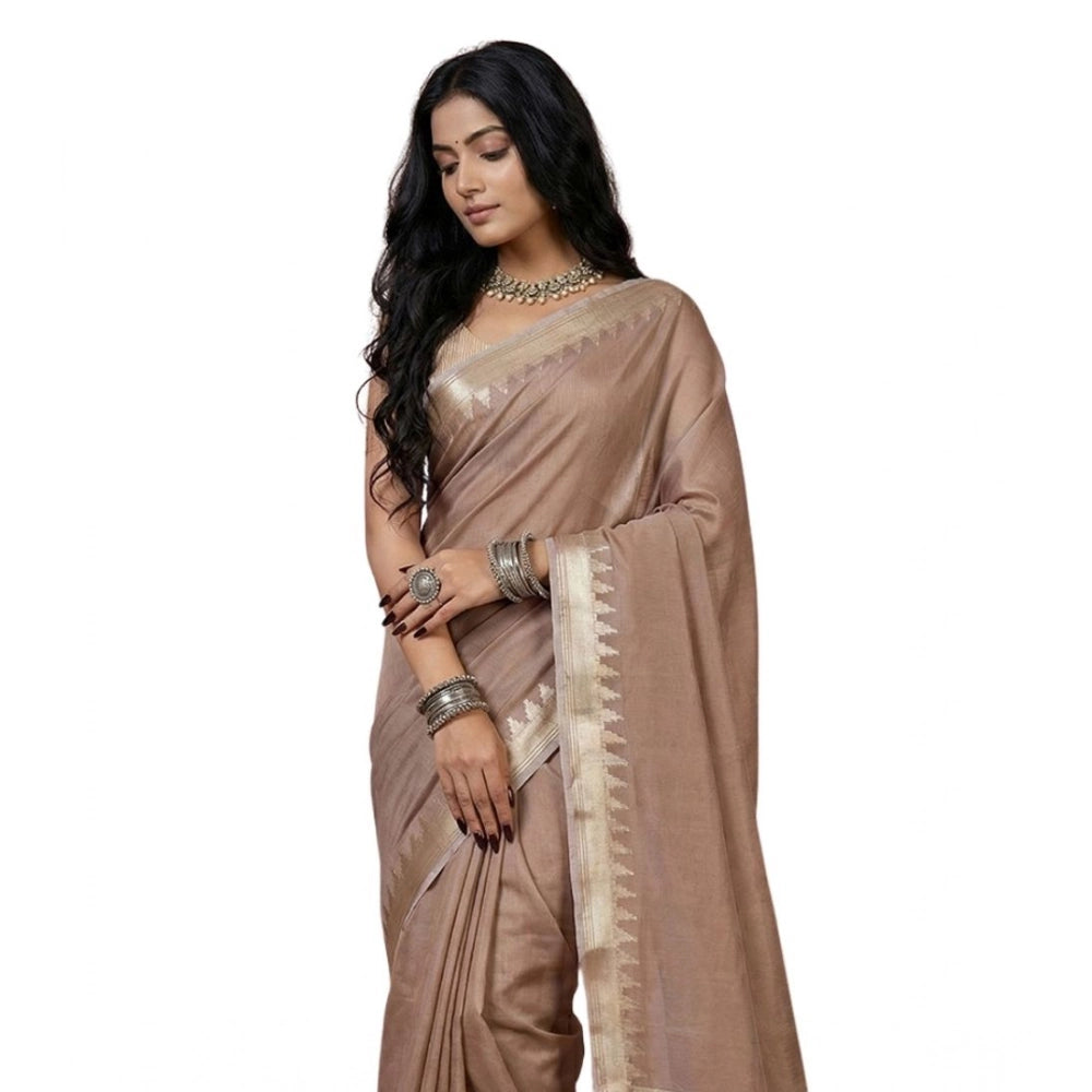 Seduva Women's Cotton Printed Saree With Unstitched Blouse 5.5Mtr (Beige)