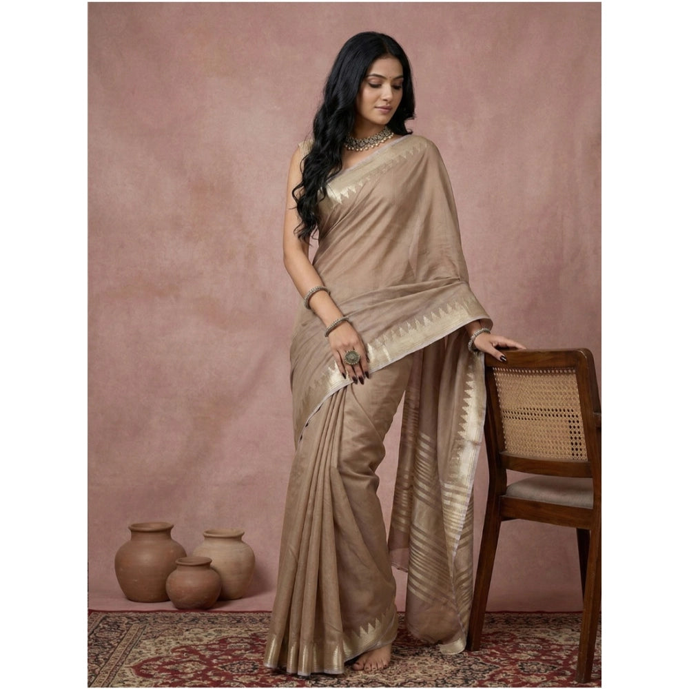 Seduva Women's Cotton Printed Saree With Unstitched Blouse 5.5Mtr (Beige)