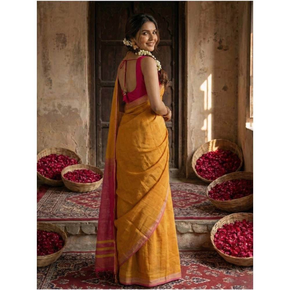 Seduva Women's Cotton Printed Saree With Unstitched Blouse 5.5Mtr (Yellow)