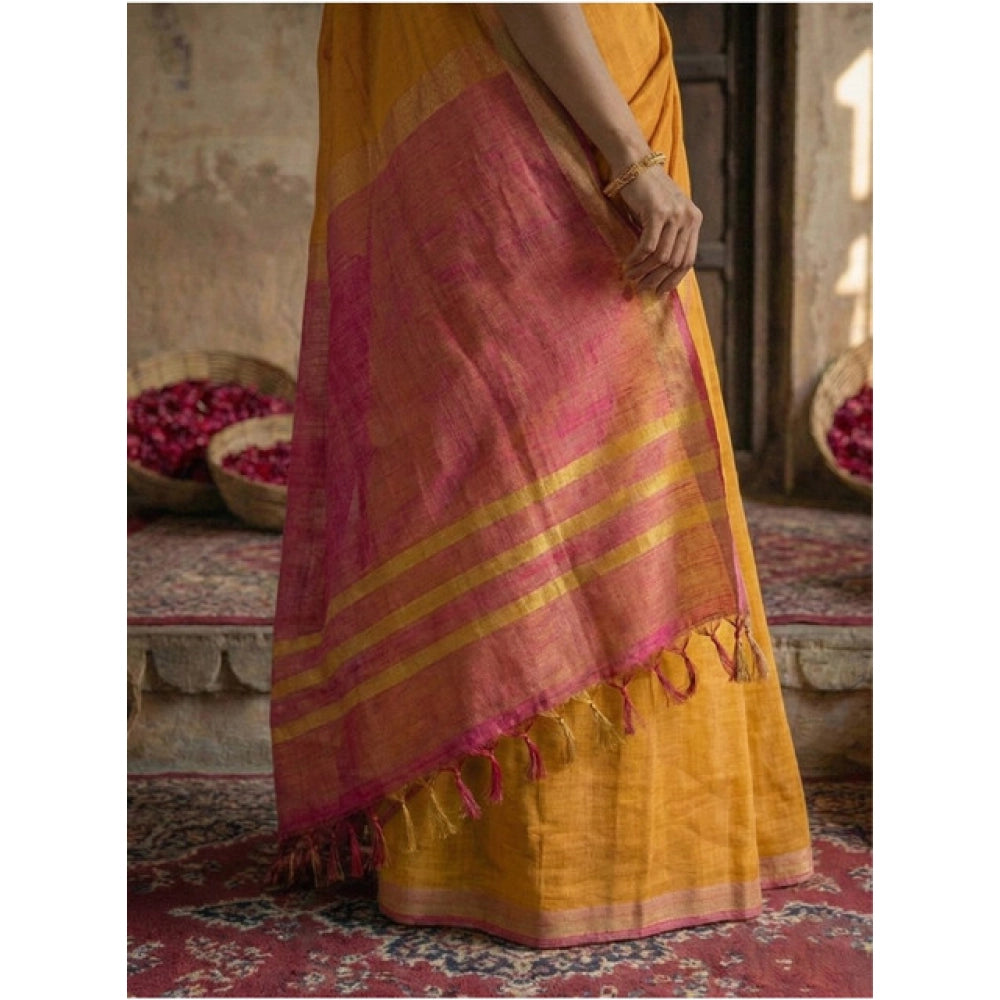 Seduva Women's Cotton Printed Saree With Unstitched Blouse 5.5Mtr (Yellow)