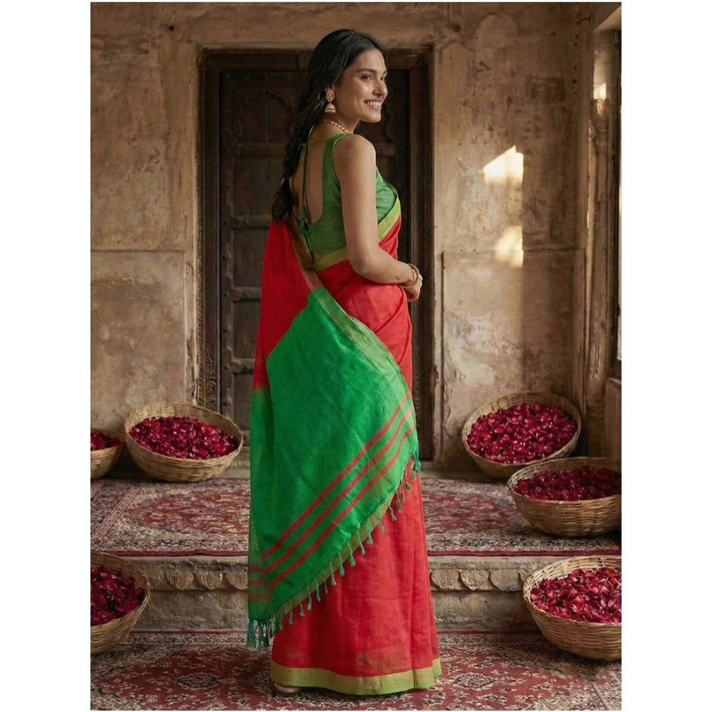Seduva Women's Cotton Printed Saree With Unstitched Blouse 5.5Mtr (Red)