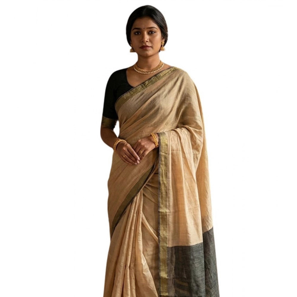 Seduva Women's Cotton Printed Saree With Unstitched Blouse 5.5Mtr (Beige)