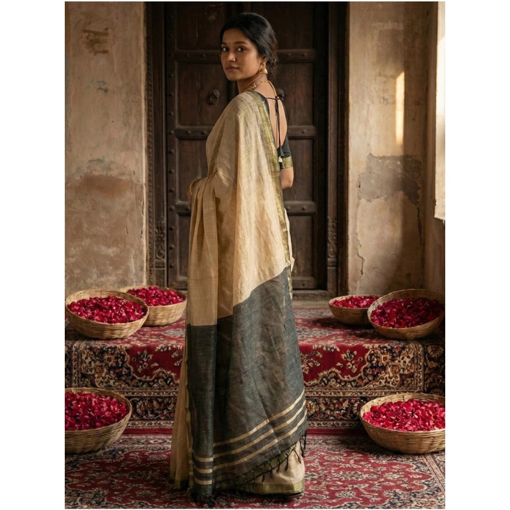 Seduva Women's Cotton Printed Saree With Unstitched Blouse 5.5Mtr (Beige)