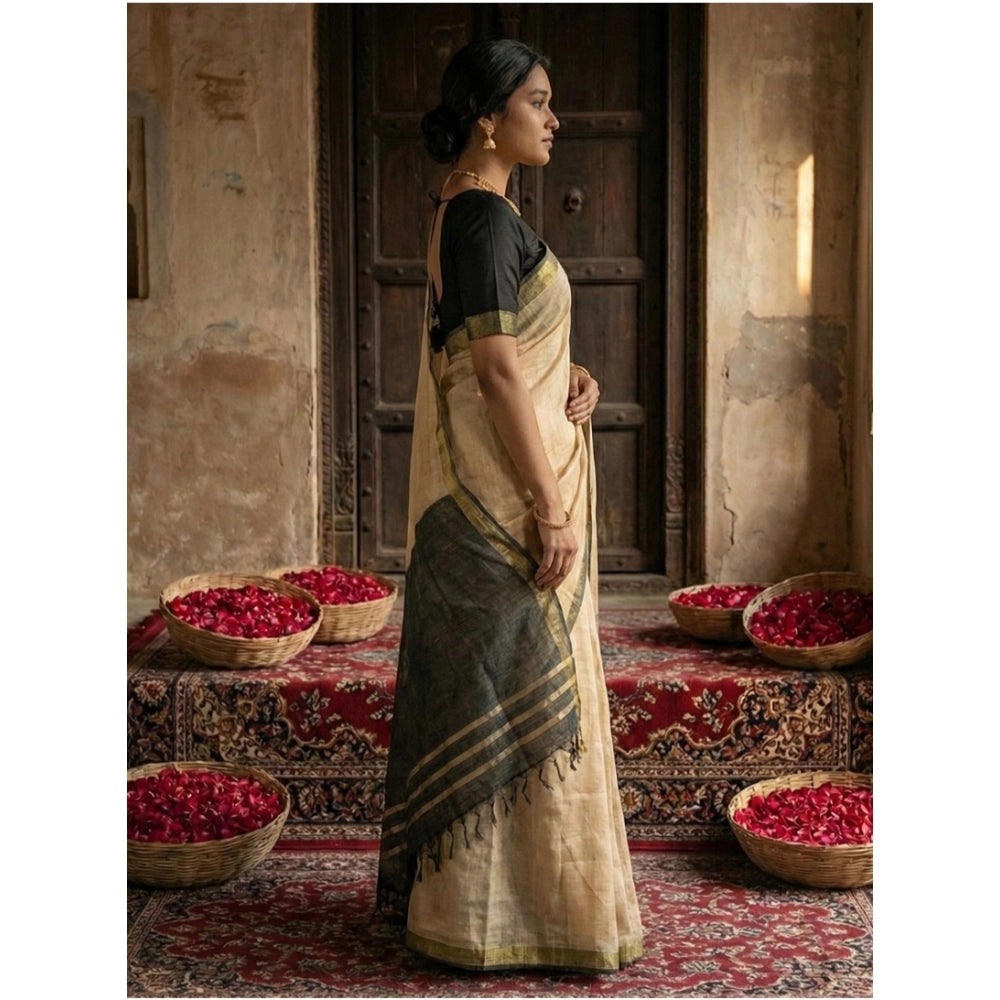 Seduva Women's Cotton Printed Saree With Unstitched Blouse 5.5Mtr (Beige)